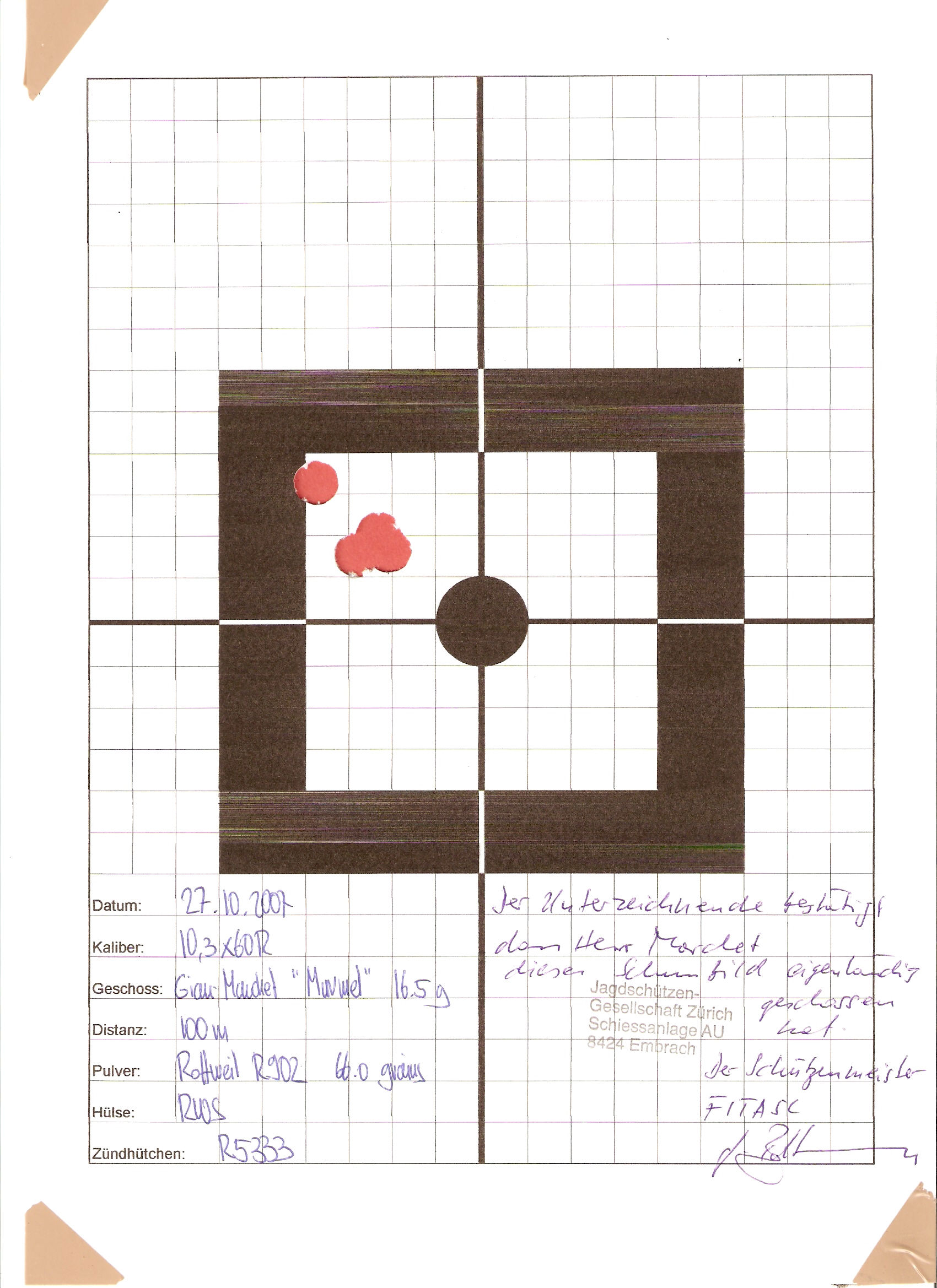 Auch sehr hohe Präzision mit der Gian-Marchet® "Murmel" - 4 Schuss auf 100 Meter Distanz innerhalb von 22 mm...